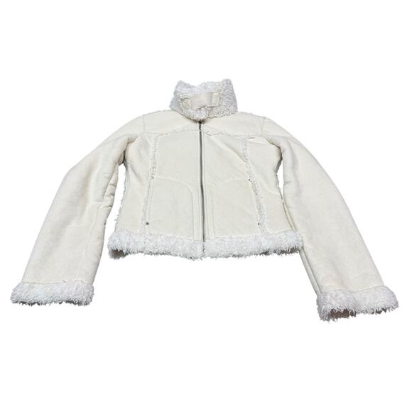 Bebe Y2K Faux Suede Jacket w/ Faux Fox Fur Trim White Cream Size Small - Picture 3 of 14